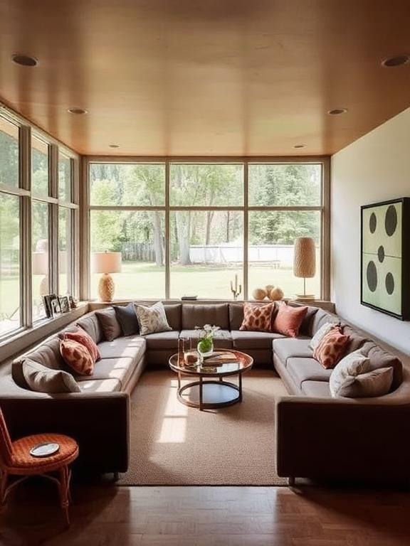 A true midcentury modern statement, conversation pits were built-in, sunken seating areas designed for socializing. While a full renovation may not be realistic, you can mimic the concept with a cozy sectional arranged in a circular or semi-circular layout.
