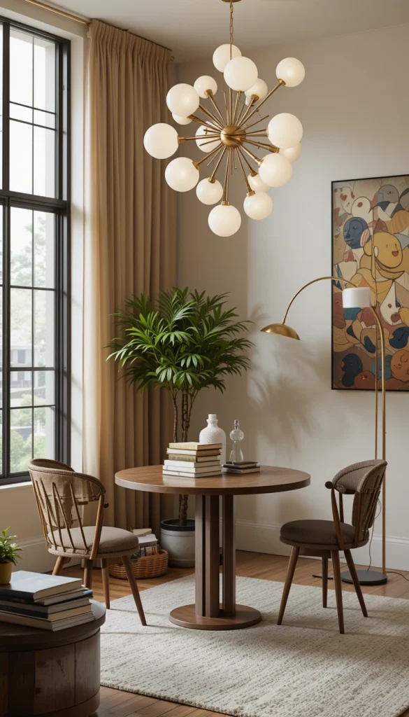 Sputnik chandeliers, globe pendants, and arc floor lamps are all midcentury staples. These lighting choices add both function and a sculptural element to your space.