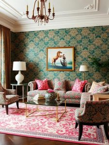 Maximalism is all about pattern play—florals, stripes, damask, animal prints, and geometric designs all have a place here. The secret to mixing patterns without overwhelming the space is to vary the scale: pair large-scale prints with smaller, more intricate patterns to create contrast. For example, a boldly patterned sofa can be balanced with throw pillows in smaller, complementary prints. Don’t be afraid to experiment—maximalism is all about fearless decorating.