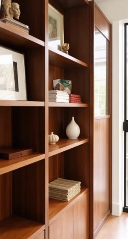 Instead of traditional walls, midcentury homes often used open shelving or sliding wood or glass dividers to separate spaces while maintaining an airy feel. You can recreate this look with a stylish, retro-inspired partition.
