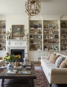 Maximalism thrives on collections—whether it’s vintage porcelain, antique figurines, or a display of unique ceramics. Instead of hiding collectibles in cabinets, proudly showcase them on open shelving, mantels, or coffee tables. Group similar items together for a cohesive look while still embracing the eclectic spirit. The key is to make collections feel intentional rather than cluttered—arrange them in varying heights and layer them with books or framed artwork for a curated effect.