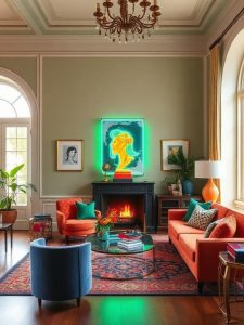 Finally, a true maximalist living room should have a touch of the unexpected. Whether it’s a neon sign, a vintage bust repainted in bright colors, or a bold statement sculpture, these playful elements add a sense of whimsy. Think of it as the finishing touch that makes your space feel distinctly yours. Maximalism isn’t about following rules—it’s about expressing yourself boldly and unapologetically.