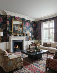 Forget neutral walls—maximalist living rooms thrive on bold, dramatic wallpaper. Large-scale florals, geometric patterns, and baroque-inspired designs create a rich visual impact and serve as the foundation of your decor. You can go for deep jewel tones for a moody, opulent feel or choose a vibrant, multicolored design to energize the space. If covering all four walls feels too overwhelming, try an accent wall to introduce pattern while still maintaining a sense of cohesion.
