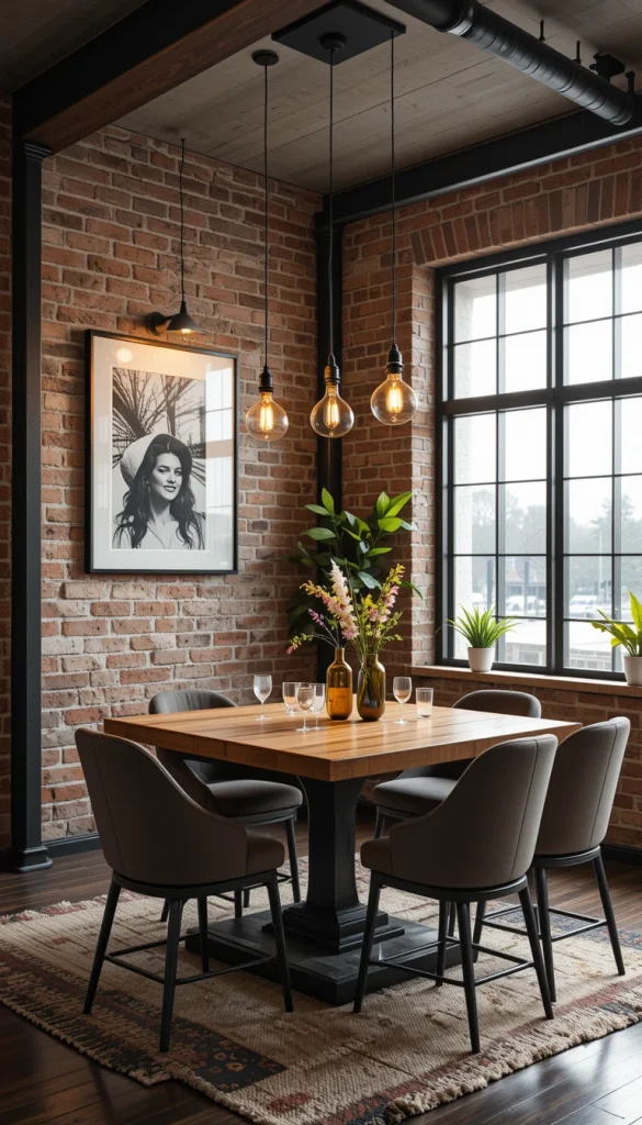 For those who love a touch of raw, urban appeal, an industrial-modern dining room is the way to go. Think exposed brick walls, black metal accents, reclaimed wood tables, and Edison bulb lighting. The beauty of this style is in the mix of textures—rough wood against sleek glass, metal against soft fabrics, and neutral tones complemented by rich, earthy hues. Industrial-modern design is perfect for creating a cozy yet edgy atmosphere that feels effortlessly stylish.