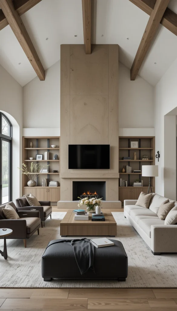Minimalism doesn’t have to be plain—architectural elements like exposed beams, a statement fireplace, or built-in shelving can add depth and character. Instead of relying on excessive decor, let these features become the focal point of the room. Clean lines and neutral tones enhance the minimalist aesthetic while allowing the room’s natural beauty to shine. Architectural details help create a more sophisticated and timeless look.
