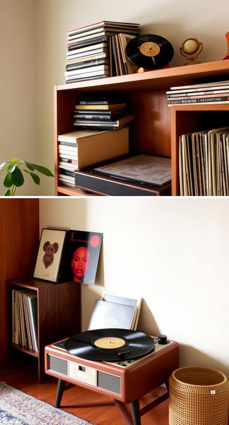 Music was a big part of midcentury culture, and a vintage-inspired record player with a collection of vinyl displayed on an open shelf can add an authentic nostalgic touch.

