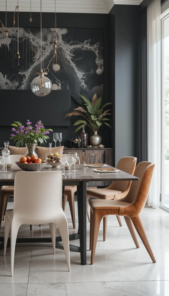 Dining chairs don’t just serve a functional purpose—they can be works of art in their own right. Choosing chairs with sculptural shapes, unique silhouettes, or unexpected materials adds an artistic flair to your dining space. Think curvy plastic chairs, sleek molded wood designs, or even velvet-upholstered pieces for a hint of luxury. These types of chairs bring a sense of movement and interest to an otherwise simple space. Plus, they’re a great conversation starter during dinner parties!