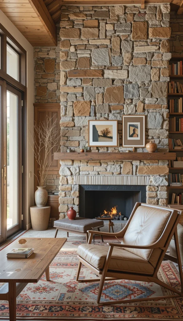 Natural materials were a hallmark of midcentury design, and an exposed brick or stone wall adds warmth and texture. If you don’t have an existing one, faux brick or peel-and-stick stone panels can create a similar effect.