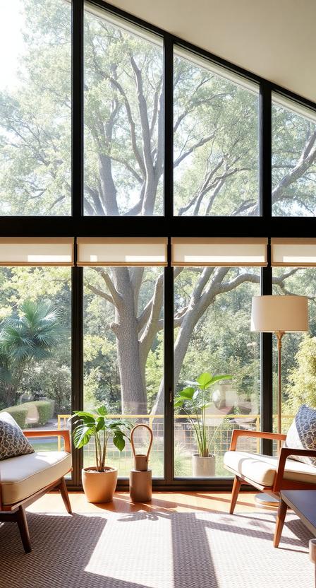 Midcentury homes emphasized natural light and connection to the outdoors. If you have large windows, opt for simple, sheer curtains or minimal roller shades to maintain the clean aesthetic.