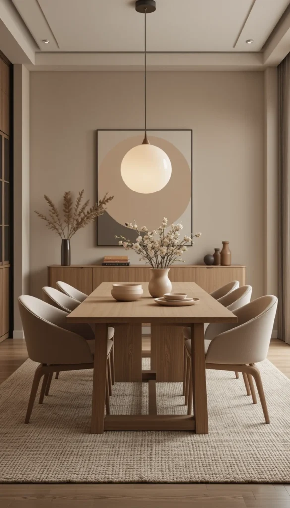 While modern design often leans toward minimalism, it doesn’t have to feel cold. Incorporating warm neutrals like beige, soft taupe, and earthy browns can create a welcoming atmosphere while maintaining a sleek aesthetic. Consider a wooden dining table with warm undertones, upholstered chairs in a soft neutral fabric, or a textured area rug to anchor the space. Layering different shades of neutral tones keeps the room from feeling flat while adding a cozy, inviting quality. It’s the perfect way to strike a balance between modern simplicity and a space that feels truly livable.