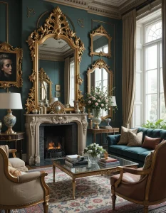 Mirrors aren’t just functional; they can be an artistic statement in a maximalist living room. Choose ornate, vintage-inspired mirrors with gilded frames, intricate carvings, or unique shapes. Position them strategically to reflect light and enhance the sense of space, especially if your room is on the smaller side. You can even group several mirrors together for a striking display that adds both glamour and dimension.
