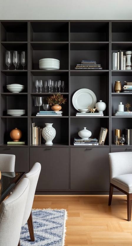 Modern dining rooms often embrace the idea of open shelving instead of traditional closed cabinets. A beautifully styled shelving unit can serve as both a practical storage solution and a decorative focal point. Display a mix of functional pieces like dinnerware and glassware alongside decorative objects like vases, books, and sculptural accents. Keeping the shelves curated and uncluttered ensures they enhance the modern aesthetic rather than feeling chaotic.