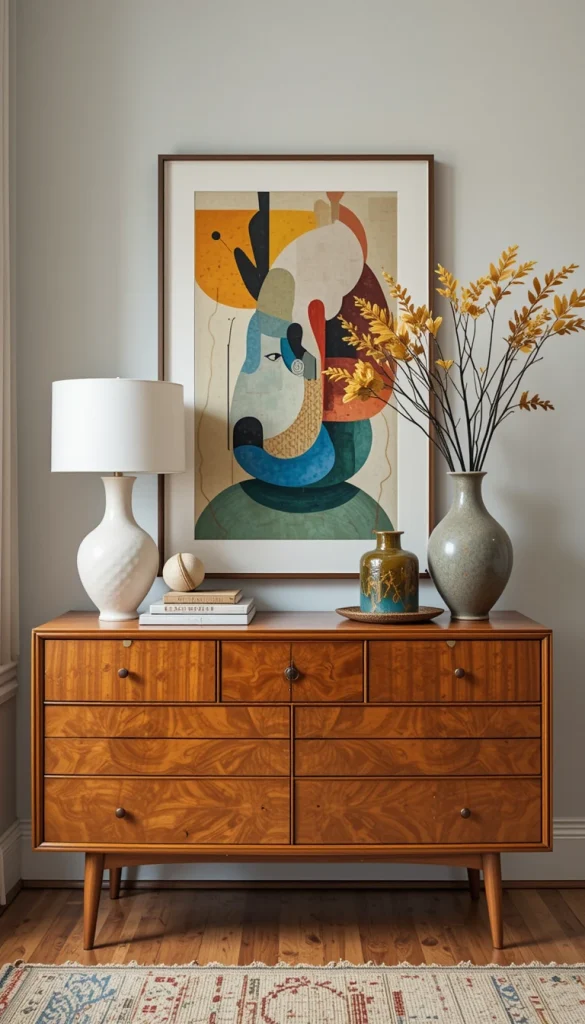 To keep your space from feeling like a museum, mix authentic vintage finds with modern decor. A midcentury dresser can pair beautifully with contemporary artwork or accessories.