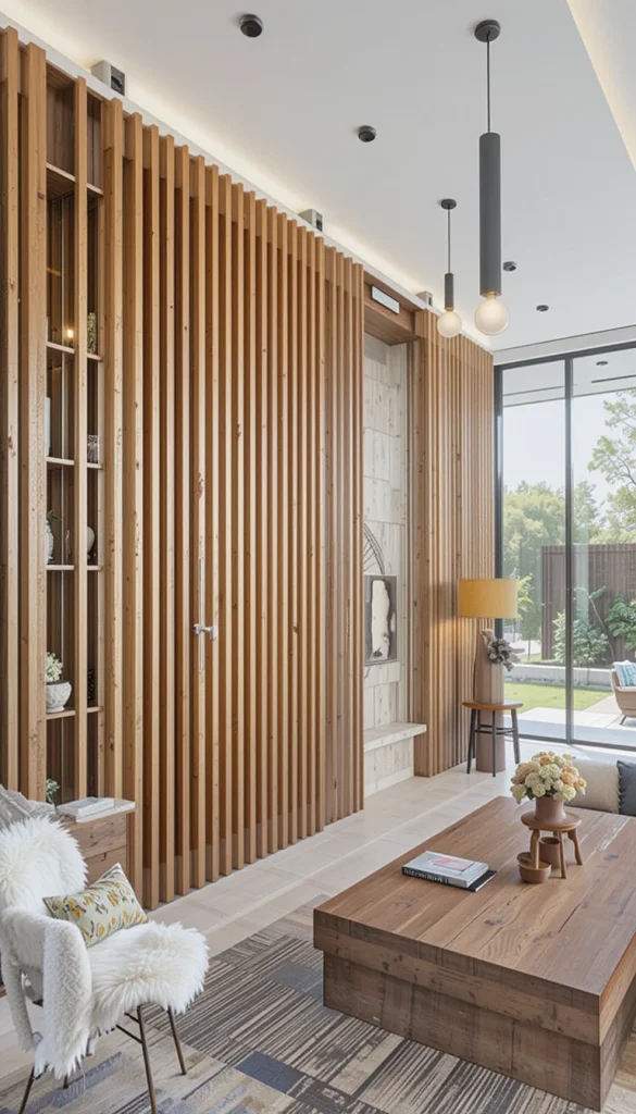 Midcentury modern design) Vertical or horizontal wood slats were commonly used in midcentury homes as accent walls, room dividers, or even on ceilings. Adding a wood slat feature brings warmth, texture, and a touch of retro sophistication to any space.