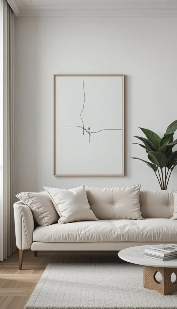 Instead of filling your walls with multiple small pieces, opt for one or two large, understated artworks. A monochrome print, a simple line drawing, or a neutral-toned abstract painting can add personality without overwhelming the space. Minimalist art enhances the overall aesthetic while maintaining the room’s sense of serenity. Leaning artwork against the wall rather than hanging it can also contribute to a relaxed, effortless vibe.