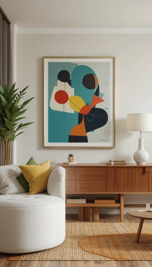 Abstract, minimalist, and atomic-style artwork fits perfectly in a midcentury space. Look for framed prints or even original pieces that capture the movement’s artistic flair.