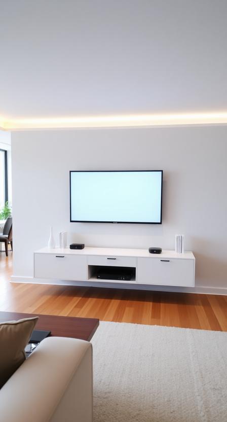 A floating media console is a great way to keep the living room sleek and uncluttered. Since it doesn’t touch the floor, it creates a sense of openness and makes the space feel lighter. Choose a simple design with hidden storage to keep cables, remotes, and electronics out of sight. This small change can make a big difference in maintaining a clean, minimalist aesthetic.
