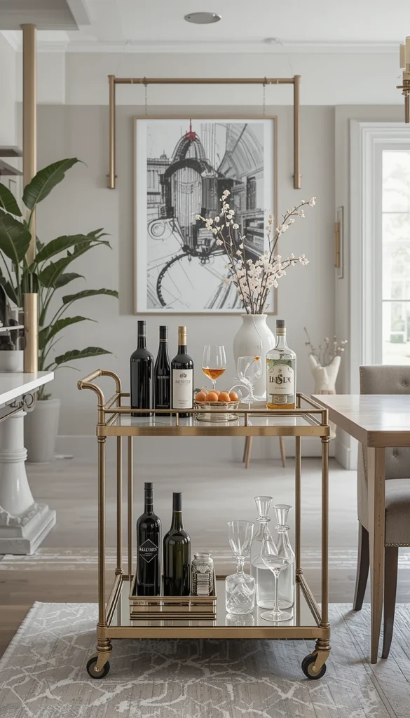 A well-styled bar cart can add function and personality to your dining space. Whether you use it for drinks, coffee essentials, or as a serving station, a bar cart is a great way to bring in a touch of elegance. Choose one with clean lines and metallic accents to keep it modern. The beauty of a bar cart is its mobility—you can move it around when entertaining or tuck it away when not in use.