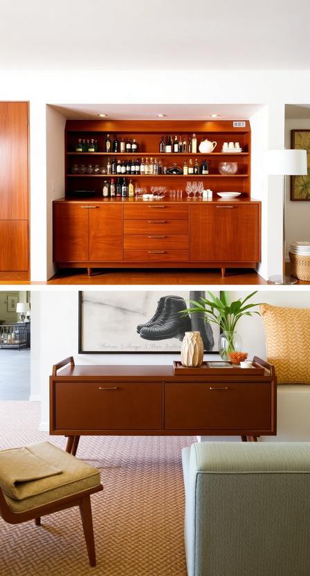 Entertaining was a big part of midcentury culture, and built-in bars or sleek, wooden credenzas were often centerpieces of living rooms. A vintage bar cart or sideboard can easily capture this retro-chic vibe.