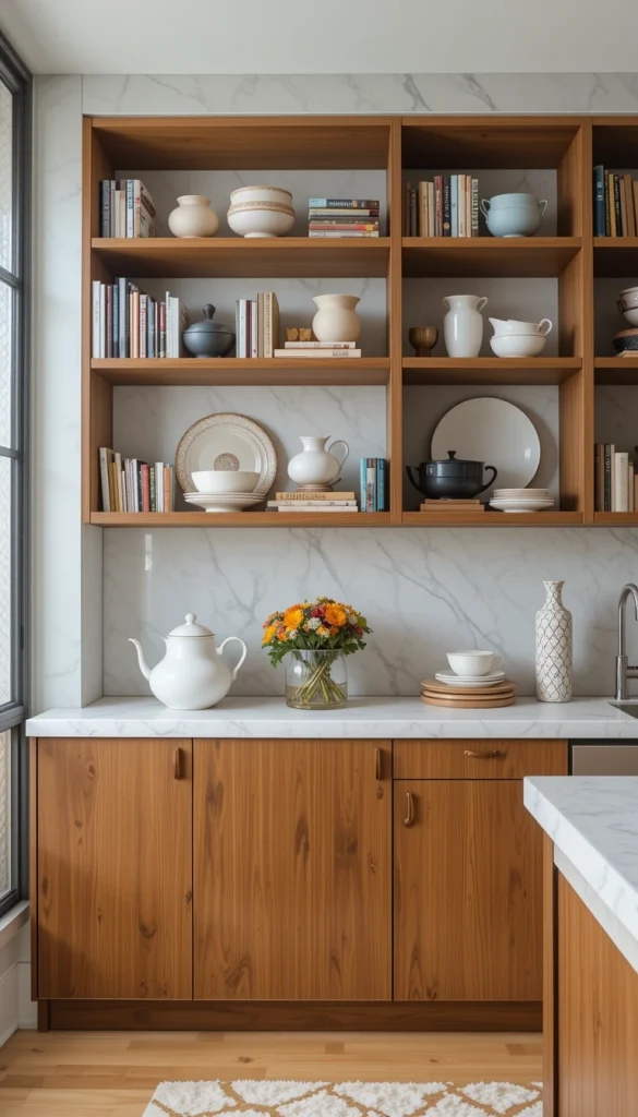Instead of bulky cabinets, opt for open shelving units to display books, ceramics, and decorative pieces. This keeps the space light and airy while maintaining functionality.
