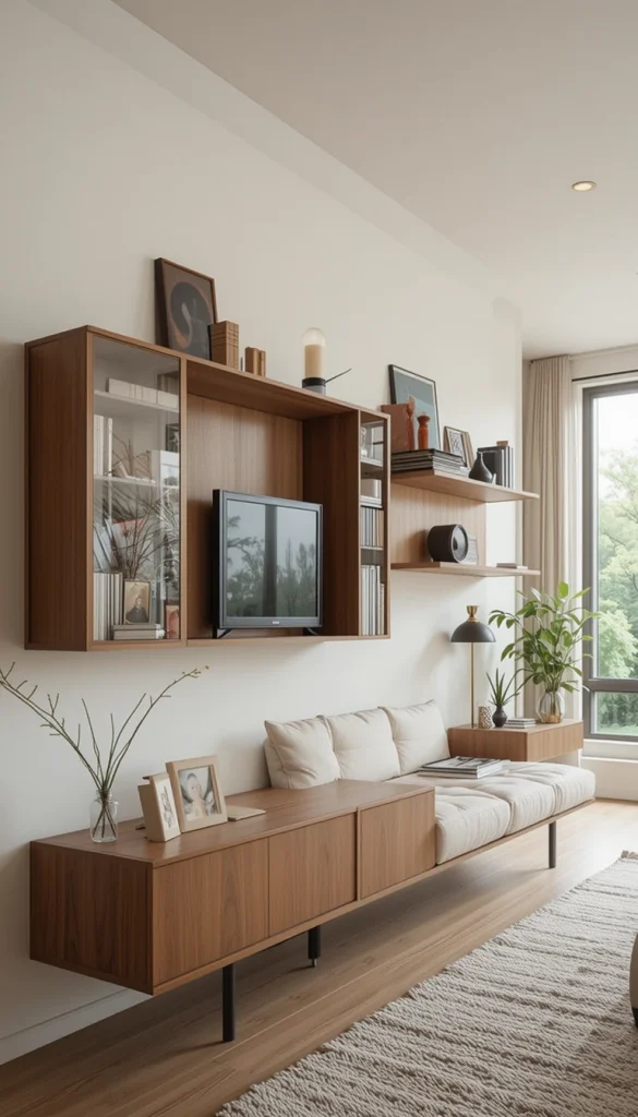 Midcentury modern design often played with gravity-defying elements like floating shelves, cantilevered sofas, and wall-mounted credenzas. These pieces add a sleek, airy feel while maximizing floor space.