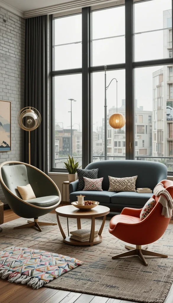 Beyond standard sofas and chairs, midcentury design embraced unconventional seating like egg chairs, ball chairs, and curved lounges. Adding one of these statement pieces instantly enhances the vintage aesthetic.
