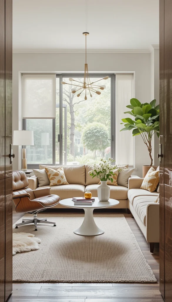 Midcentury modern is known for its statement furniture, like the Eames lounge chair, the Saarinen tulip table, and sleek, low-profile sofas. Even one standout piece can set the tone for the entire room.
