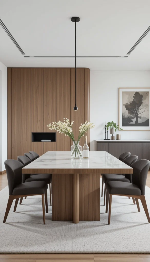 The dining table is the heart of the room, so choosing the right one is essential. In modern design, clean lines and simple silhouettes reign supreme. A sleek wooden table with a natural finish, a glass-topped option for a lighter look, or even a marble table for a touch of luxury can all work beautifully. The trick is to keep it understated yet impactful—avoid excessive ornamentation and let the quality of the materials speak for themselves. Pairing a minimalist table with sculptural chairs can create a balanced contrast that keeps the space interesting.