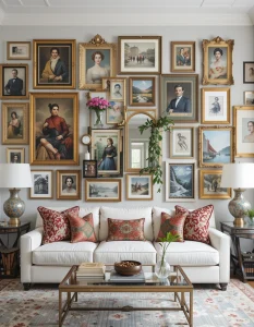 Maximalist decor loves excess, and a gallery wall is the perfect way to embrace it. Combine an eclectic mix of framed art, posters, photographs, mirrors, and even textile pieces to create a visually rich display. Vary the frame styles—mix ornate gilded frames with sleek modern ones to add an intentional sense of contrast. The key to a great gallery wall is to balance asymmetry with a sense of flow, making it feel curated but not overly planned.