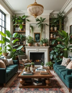 Maximalist decor isn’t just about objects—it’s about creating a lush, layered environment, and plants are perfect for this. Go beyond a simple potted plant and opt for large, dramatic greenery like fiddle-leaf figs, monstera, or hanging pothos. Layer smaller plants on bookshelves, side tables, or in decorative pots to create a jungle-like effect. The organic shapes of plants help soften the boldness of maximalist decor, bringing a sense of life and freshness to the room.