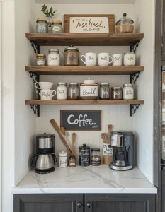 For those who adore cozy and warm spaces, a farmhouse-style coffee nook brings charm to any kitchen. Use distressed wood shelves, vintage-inspired signs, and mason jars to store sugar and coffee grounds. A small chalkboard with handwritten quotes like “But First, Coffee” can add a personalized touch. This style pairs perfectly with neutral tones and a mix of ceramic and wooden coffee accessories.