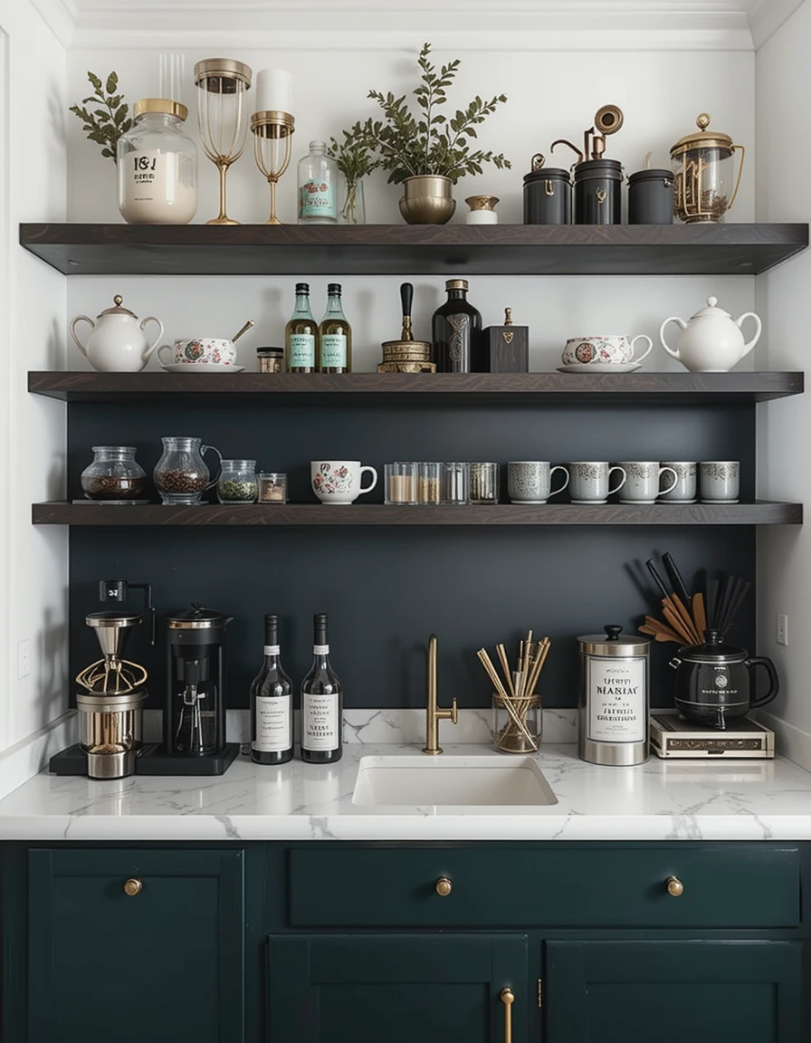 Ditch the typical white and neutral color schemes and go for a bold, moody coffee bar instead. Use deep shades like matte black, navy, or forest green for the backdrop, and pair them with gold or brass accents for a luxurious feel. Dark wood shelving and leather-handled mugs can add warmth and sophistication to the space. This dramatic design is perfect for those who want their coffee station to make a statement.