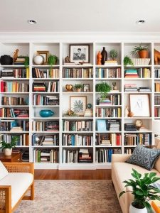 Bookshelves in a maximalist living room should never be purely functional—they should be filled with personality. Combine books with decorative objects, framed photos, plants, and collectibles to create a visually exciting display. Don’t be afraid to stack books horizontally and vertically, mixing in colorful spines for added impact. The goal is to make your shelves feel like a curated reflection of your interests and passions.