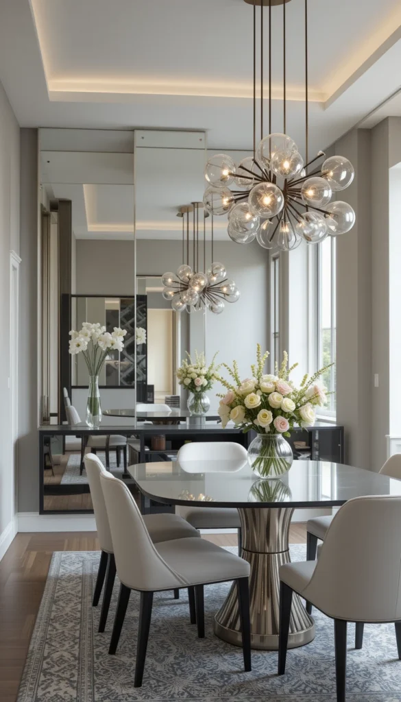 If you have a small dining room or want to make the space feel more open, a large mirror can do wonders. A full-length mirror or a set of smaller mirrored panels can reflect light and create the illusion of more space. For a modern touch, opt for a mirror with a sleek, thin frame or an irregular shape. This simple addition can make the dining room feel brighter, bigger, and more sophisticated.