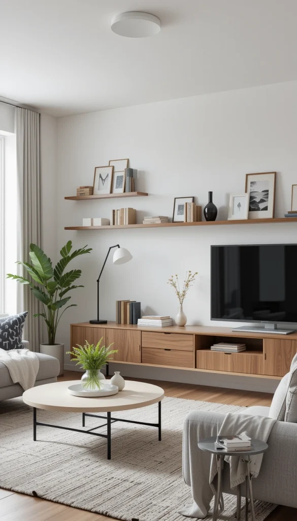 Since clutter can quickly disrupt a minimalist aesthetic, incorporating smart storage is key. Consider floating shelves, hidden compartments in furniture, or a sleek media console with closed storage to keep essentials organized. Minimalism doesn’t mean living without belongings—it means having designated places for them so the space stays tidy. A well-organized living room instantly feels more spacious and inviting.