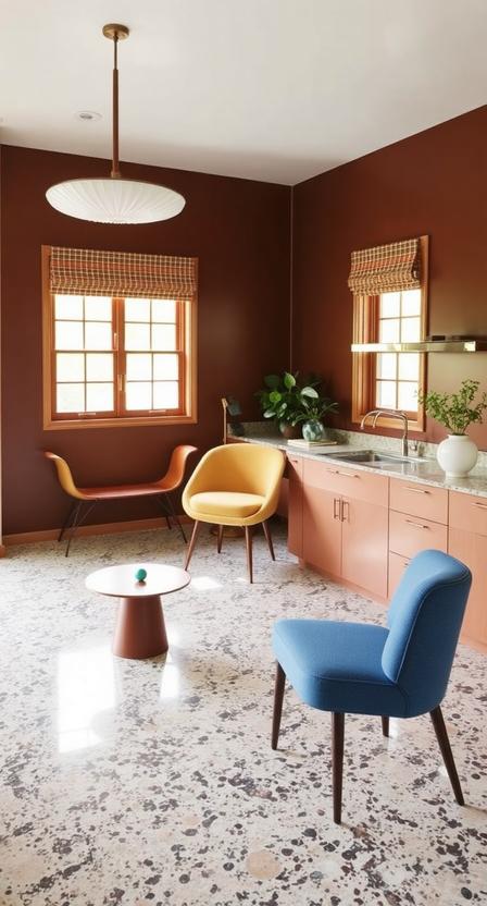 Terrazzo—composite flooring made from chips of marble, quartz, or glass—was huge in midcentury homes. If redoing floors isn’t an option, consider terrazzo-inspired tiles, countertops, or decor pieces.
