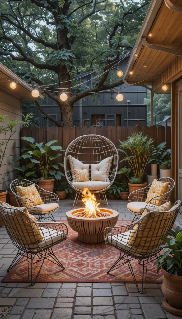 Midcentury modern style isn’t just for interiors! A retro patio setup with wire-frame chairs, a butterfly lounge, a fire pit, and globe string lights can extend the aesthetic into your backyard or balcony.
