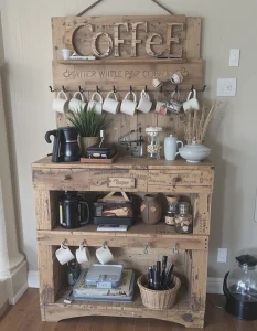 If you love DIY projects, a pallet coffee bar is a creative and budget-friendly way to set up your station. Repurpose an old wooden pallet into a rustic coffee stand, adding hooks for hanging mugs and shelves for storage. Stain or paint the wood to match your decor and personalize it with a fun coffee-themed sign. This handmade approach adds a unique, one-of-a-kind charm to your space.