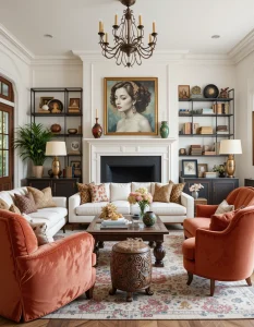 A maximalist living room doesn’t stick to one style—it embraces contrast. Combine vintage and modern furniture, mixing sleek mid-century sofas with ornate, carved coffee tables or plush velvet armchairs with industrial-style shelving. The secret to making this mix work is to find a connecting element, whether it’s a repeating color, a unifying fabric, or a shared design motif. This layered approach keeps the space looking intentional rather than chaotic.