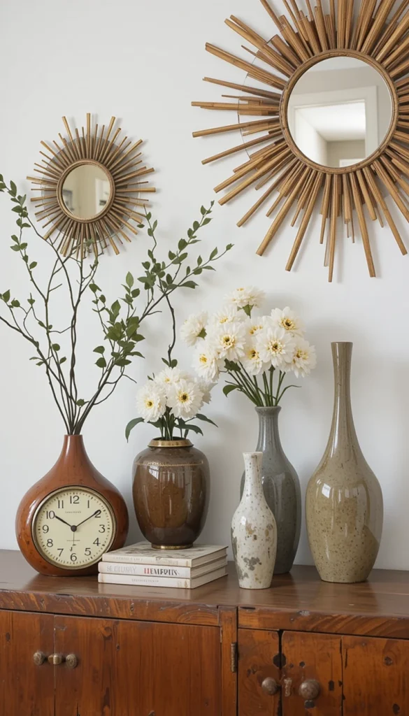 Vintage-inspired clocks, sculptural vases, and sunburst mirrors are all hallmarks of midcentury decor. These small additions can make a big impact in tying the look together.
