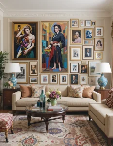 In a maximalist living room, art isn’t just an accent—it’s a focal point. Go for oversized paintings, colorful abstract prints, or a dramatic gallery wall filled with an eclectic mix of framed pieces. The key is variety: mix different sizes, styles, and frames to make the display feel collected over time rather than overly curated. Don’t be afraid to let your personality shine through—maximalist spaces thrive on individuality.