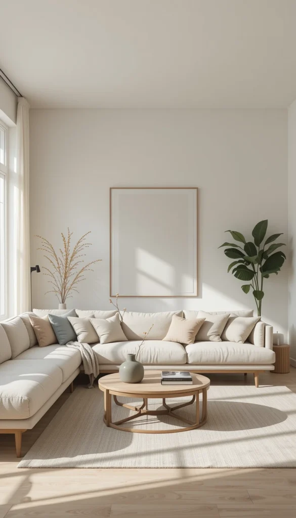 A minimalist living room thrives on soft, neutral colors that create a sense of openness and tranquility. Shades of white, beige, gray, and earth tones make the space feel airy and cohesive while allowing natural light to enhance the room’s simplicity. A monochromatic or tonal color scheme prevents visual clutter and keeps the focus on texture and form rather than bold patterns. You can always add warmth through natural materials like wood, linen, or woven textiles.
