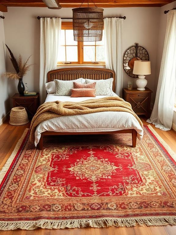 A statement rug is a must-have in a boho bedroom, adding warmth and grounding the space. Opt for vintage Persian rugs, Moroccan-inspired designs, or jute and wool blends for that signature boho feel. Layering rugs—such as a jute base with a patterned accent rug on top—creates extra dimension and coziness. Rugs in warm, muted tones like rust, mustard, and terracotta enhance the earthy, relaxed vibe.