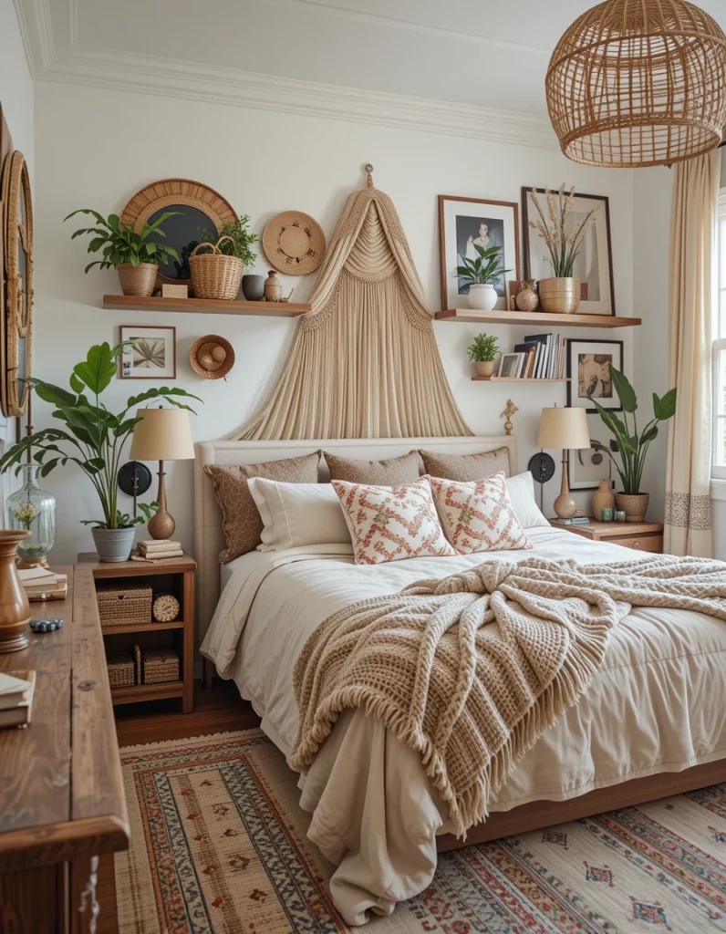 While boho decor is layered and eclectic, keeping your space open and uncluttered helps maintain a calm, inviting atmosphere. Instead of overcrowding your room with too many accessories, focus on curated decor that enhances the overall look. Floating shelves, decorative baskets, and woven storage solutions help keep things tidy while still feeling stylish. The goal is to achieve a balance between boho maximalism and a breathable, relaxed space.