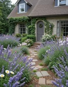 No word is welcome home like "home" after all, like a charmingly unruly cottage garden. Mass lavender, daisies, and other carefree perennials that bloom successively into beds. Rambling brick or stepping stones in for the air of a secret garden.