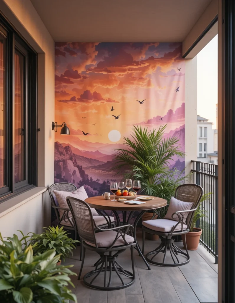 Bring the sunset to your balcony—even if the real one’s behind a building next door—by adding a mural or hanging tapestry that captures those dreamy twilight hues. Think warm washes of orange, pink, and lavender blended together like a watercolor sky.Hanging it on a rear wall or using it as a screen for privacy—it adds an artistic, expressive element to the room. Whether you drink wine or jot down your thoughts, this kind of mural gives the atmosphere a conscious and intentional quality. It turns your balcony into a personal gallery with dynamic natural light.