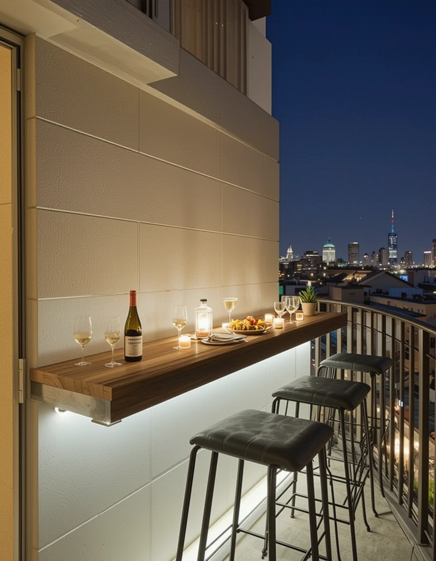 Install a thin bar-style ledge along your balcony railing for the ultimate “skyline happy hour” situation. Paired with high stools or even standing room, it’s a stylish, practical utilization of small space for cocktails, eating, or sunset toast. Add under-bar LED strip lights to create a glow after sundown and keep the energy alive. A mini charcuterie board, chilled wine, and a playlist humming in the background—you’ve basically recreated rooftop bar energy, without leaving home.