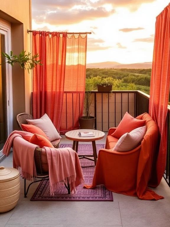 Sometimes, textiles alone can be enough to transform a balcony from “blah” to breathtaking. Get lavish with sunset hues—burnt orange, ochre, blush, and deep plum—for your cushions, throws, and outdoor curtains. The hues reflect and amplify the light of the sky, creating the illusion that your balcony is a continuation of the sunset itself.Choose warm materials like linen and cotton for a breezy, lived-in appearance. Throws are tossed over chair backs, pillows are stacked up on a bench, and even a fabric screen is hung to block out harsh sun or create privacy. This warm palette pulls the scenery right into your space and makes each moment feel like golden hour, even after the sun’s already dipped below the horizon.
