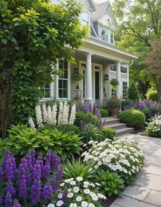 Front of the house landscaping) Choosing every flower color green, white, or purple produces a serene, harmonious landscape. One-color theme is a contemporary, timeless sensation. It's a great illusion for homes that already have strong exterior colors.