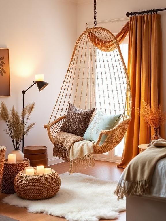 hanging rattan or macrame chair makes for the perfect boho reading nook. Paired with soft cushions, textured throws, and a woven footstool, it creates a cozy retreat within your bedroom. If you don’t have space for a hanging chair, a low lounge chair with a faux fur rug and a floor lamp can achieve a similar cozy vibe. This setup makes your bedroom feel inviting and encourages relaxation.
